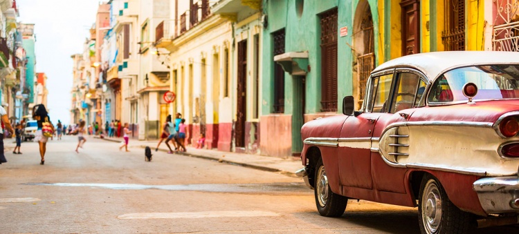 Street in Havana at Cuba with vintage american car
